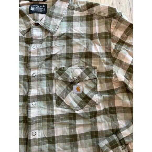 Carhartt Rugged Flex Men’s 3XL Relaxed Fit Green Flannel Plaid 3XL PEARL SNAP - Picture 2 of 5